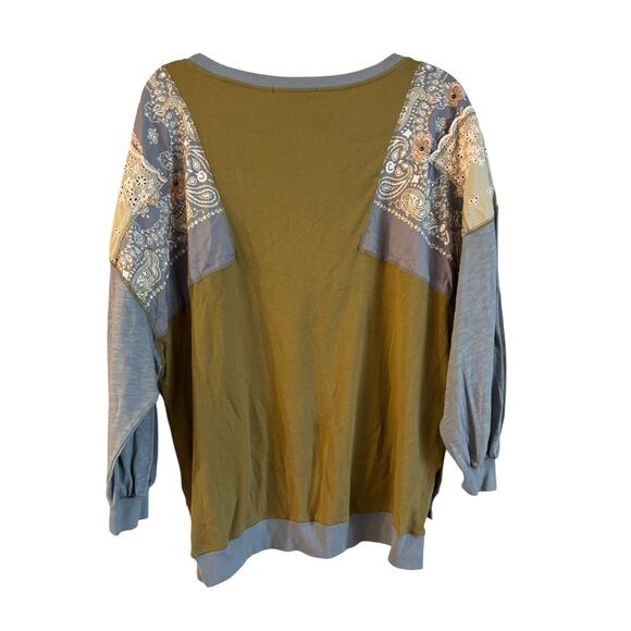 FREE PEOPLE Feelin it Colorblock Army Combo T-Shirt Size Medium Green Lace - Picture 3 of 7